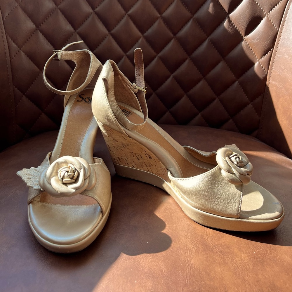 Open toe, 4” cork wedge sandals; ankle strap;leather platform